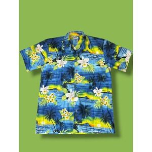 Paradise Style Hawaii Aloha Shirt Men's Medium Blue Tropical Floral Cotton